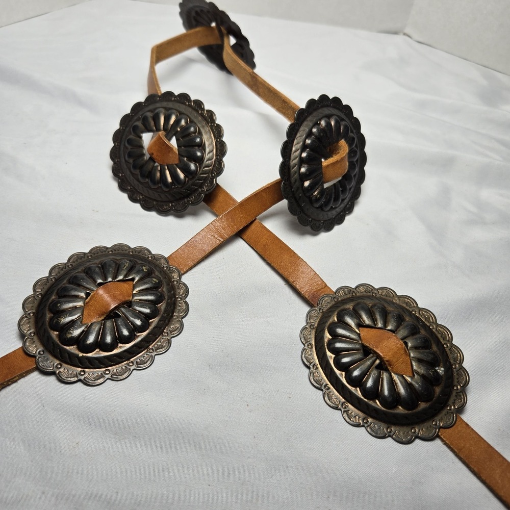Concho Leather Belt 30 In Scalloped Etched Tan Western Cowgirl Coastal Festival